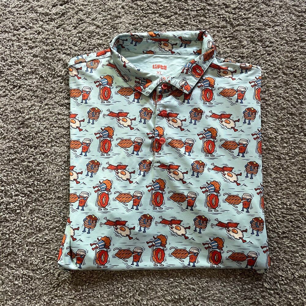 Lofty Llama Performance Golf Polo Breakfast Bacon Eggs Pancakes Print Mens XL